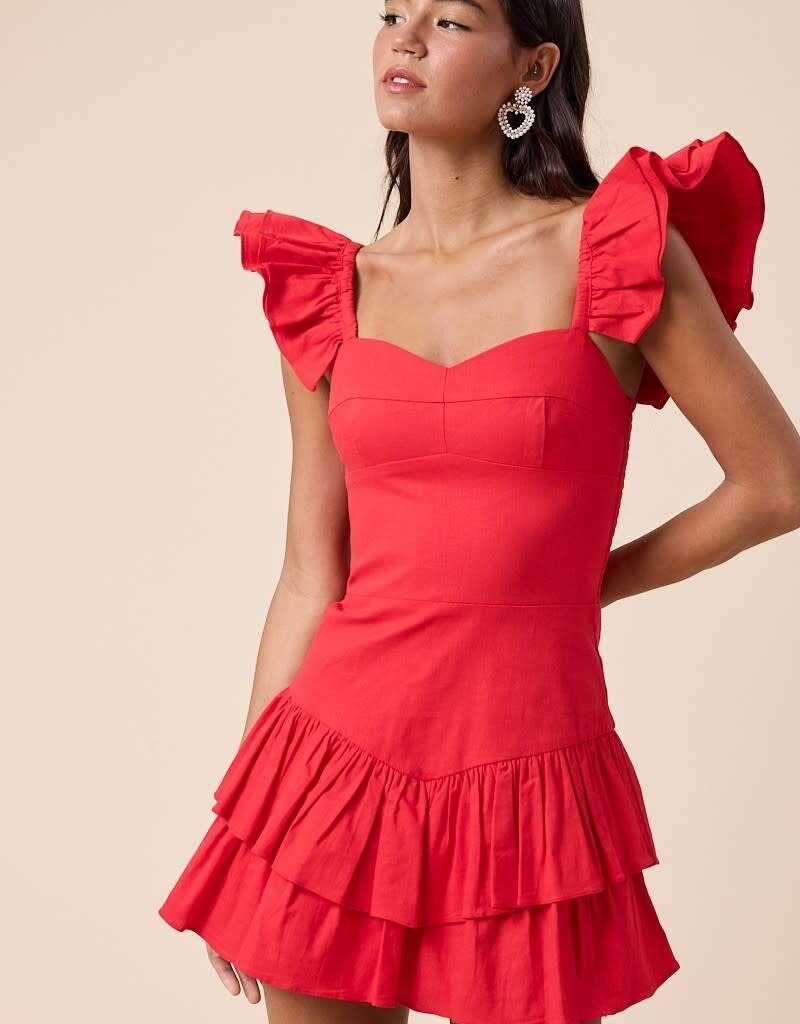 Solid Ruffle Shoulder Tiered Mini Dress
