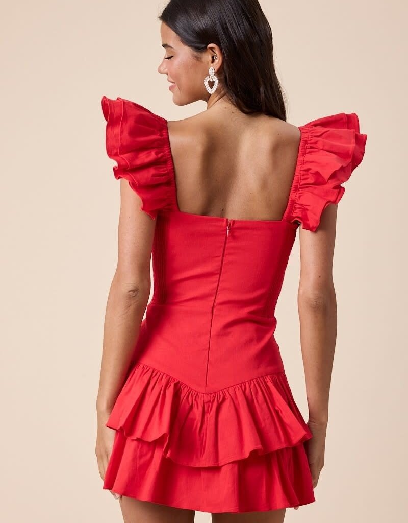 Solid Ruffle Shoulder Tiered Mini Dress
