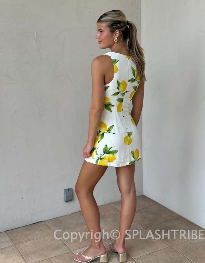Fitted Sleeveless Shift Lemon Print Mini Dress