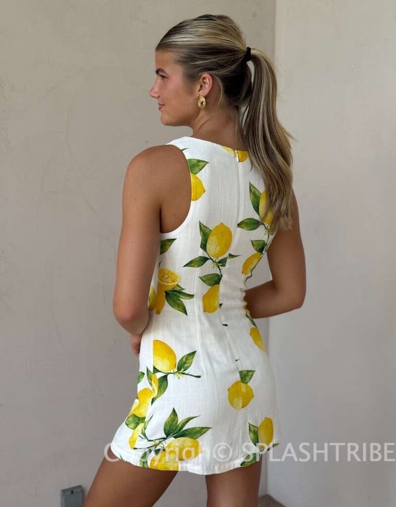 Fitted Sleeveless Shift Lemon Print Mini Dress