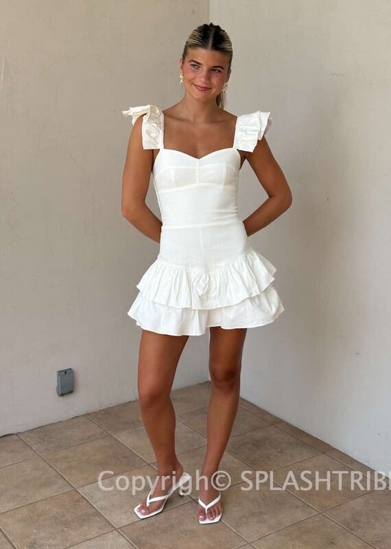 Solid Ruffle Shoulder Tiered Mini Dress