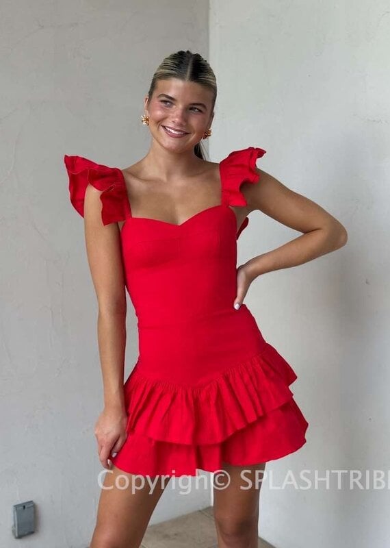 Solid Ruffle Shoulder Tiered Mini Dress