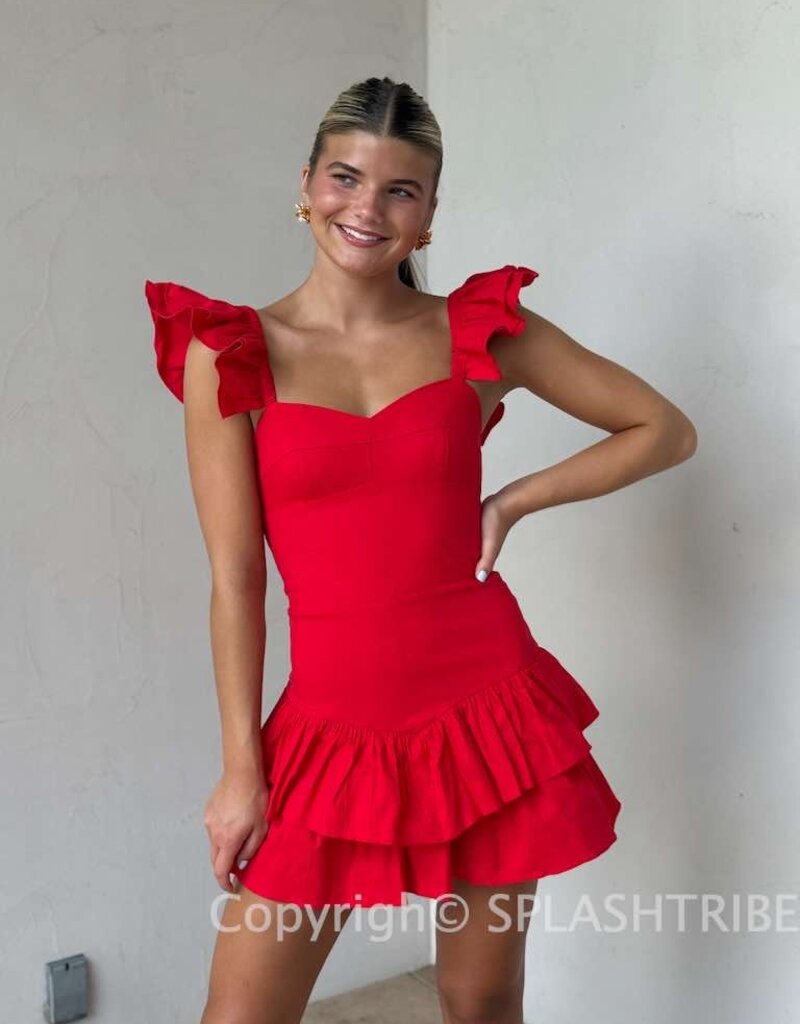 Solid Ruffle Shoulder Tiered Mini Dress
