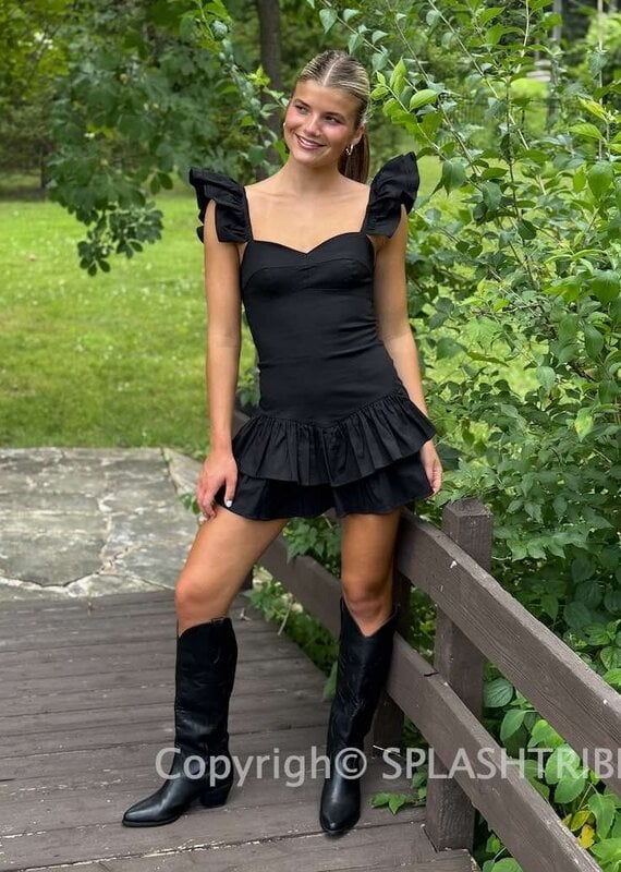Solid Ruffle Shoulder Tiered Mini Dress