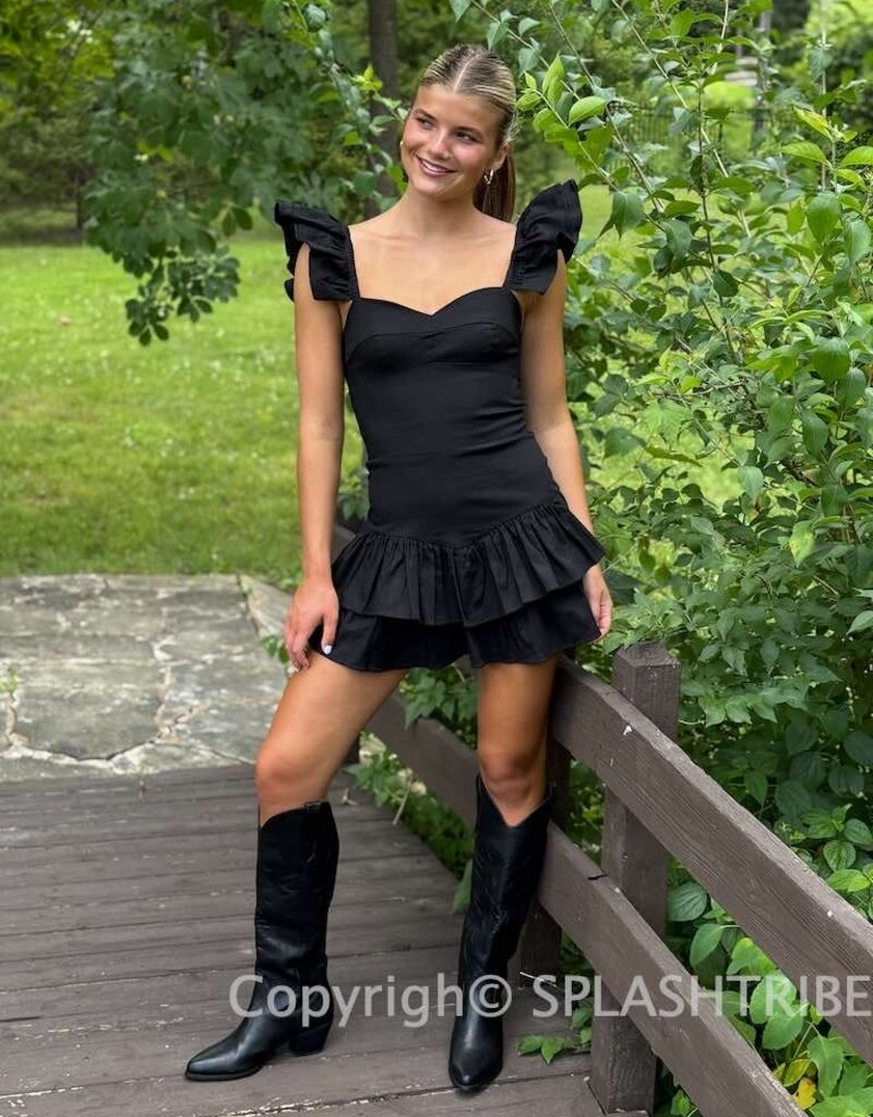 Solid Ruffle Shoulder Tiered Mini Dress