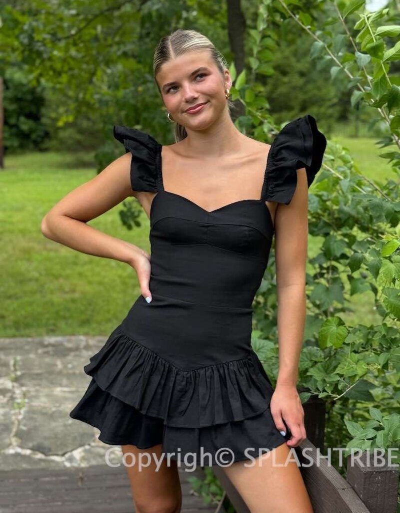 Solid Ruffle Shoulder Tiered Mini Dress