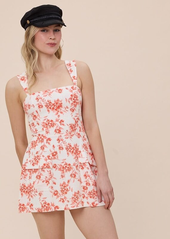 Vibrant Floral Double Pocket Square Neck Mini Dress