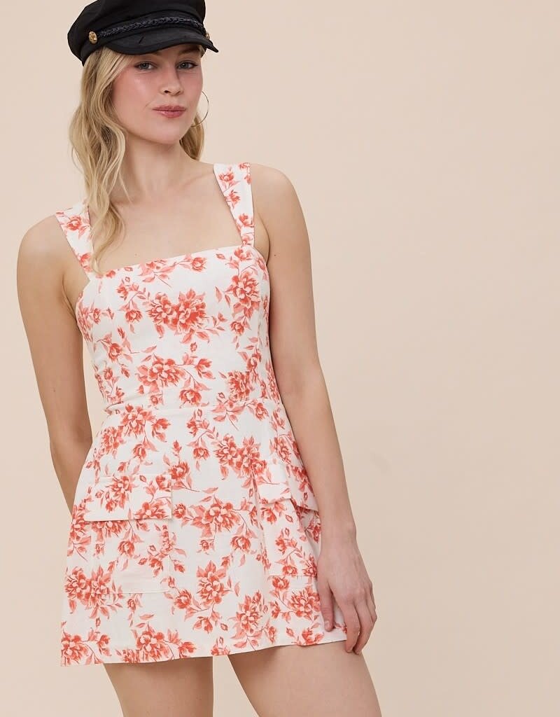 Vibrant Floral Double Pocket Square Neck Mini Dress