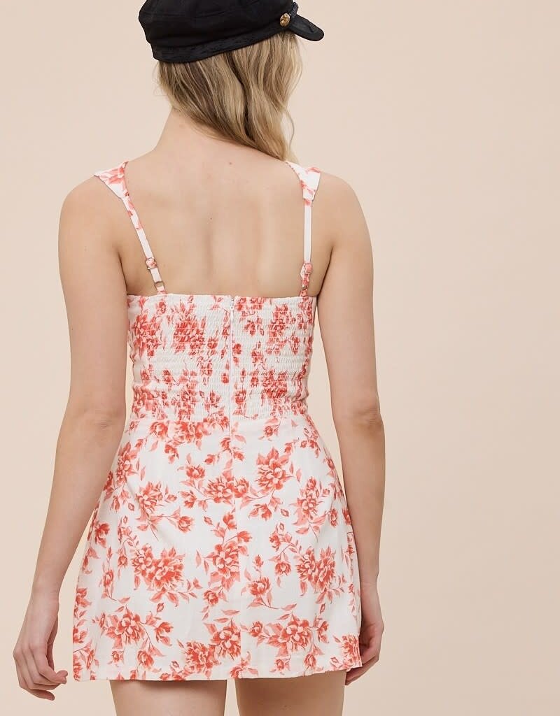 Vibrant Floral Double Pocket Square Neck Mini Dress