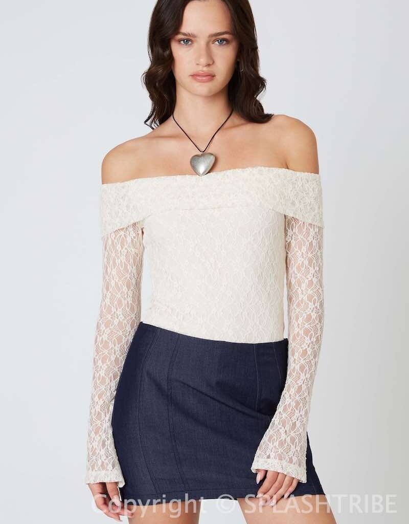 Off Shoulder Sheer Long Sleeves Lace Top