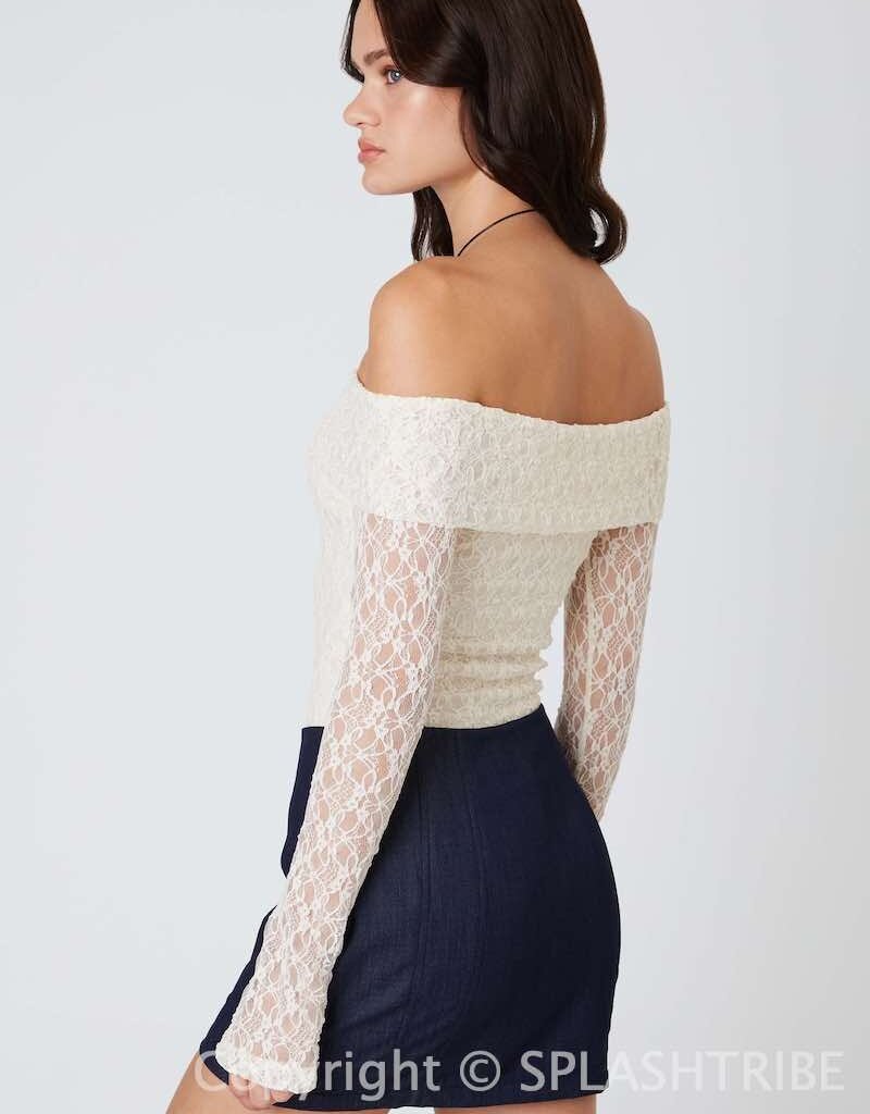 Off Shoulder Sheer Long Sleeves Lace Top