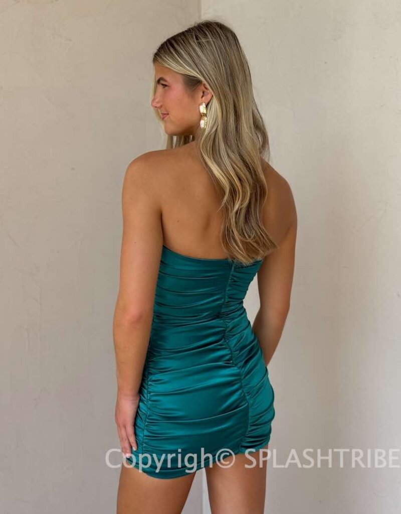 Lucy In The Sky Satin Bow Ruched Strapless Mini Dress