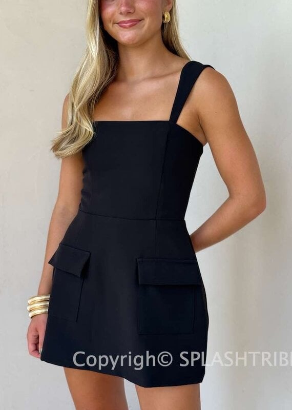 Vibrant Solid Double Pocket Square Neck Mini Dress