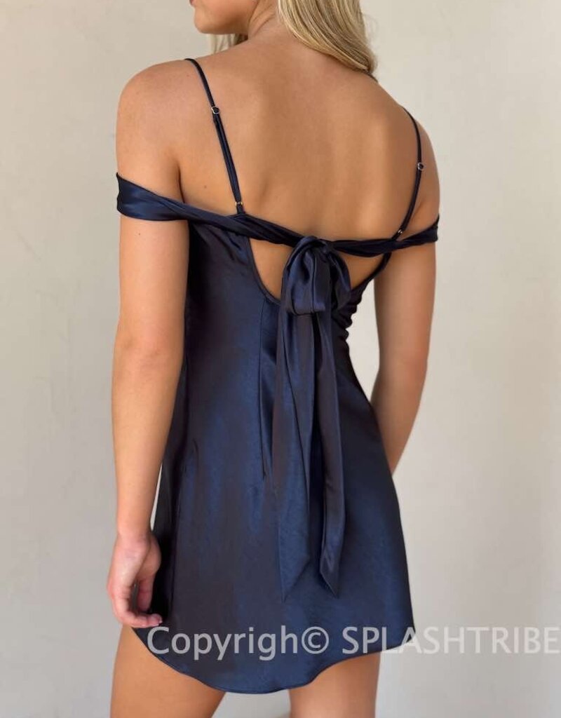 Satin Off The Shoulder Tie Back Mini Dress