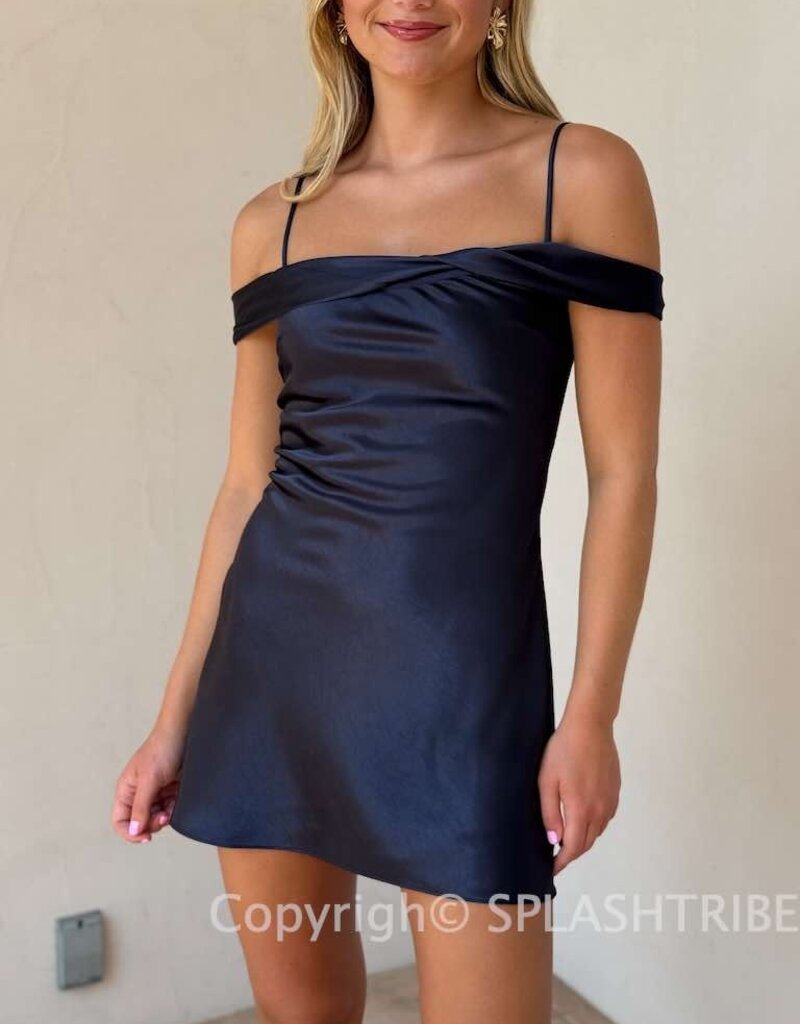 Satin Off The Shoulder Tie Back Mini Dress