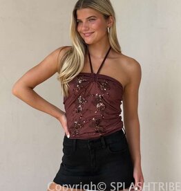 Mesh Sequin Strapless Embroidered Top
