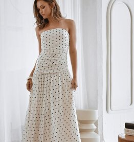 Polka Dot Shirred Strapless Maxi Dress