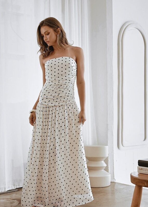 Polka Dot Shirred Strapless Maxi Dress