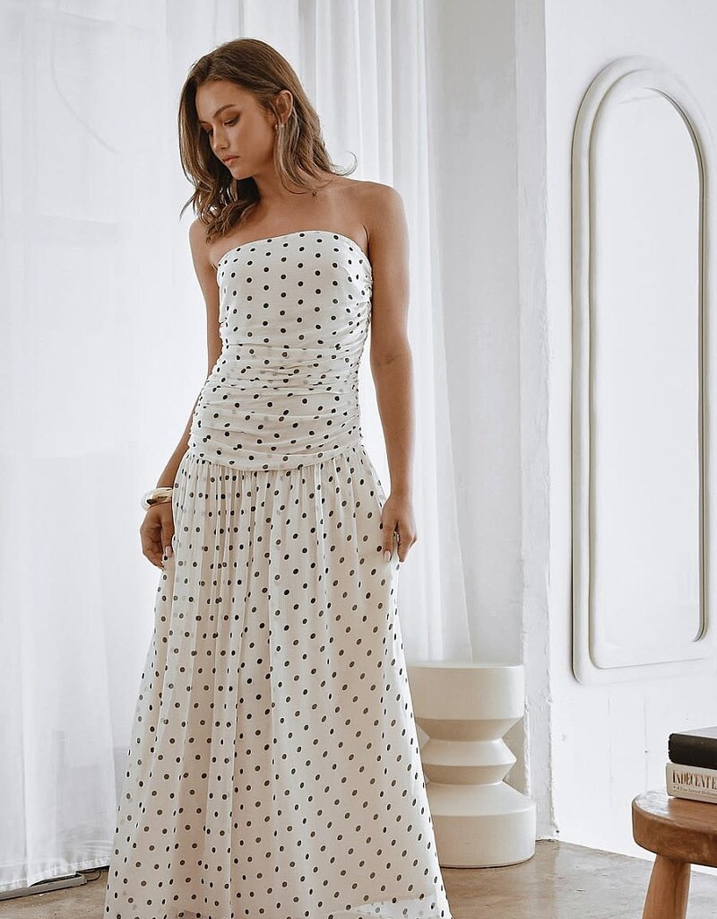 Polka Dot Shirred Strapless Maxi Dress