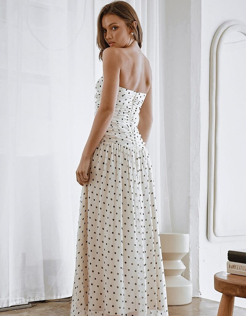Polka Dot Shirred Strapless Maxi Dress