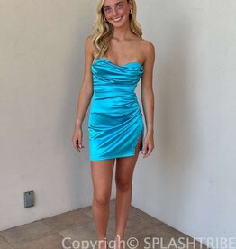 Lucy In The Sky Strapless Satin Ruched Slit Mini Dress