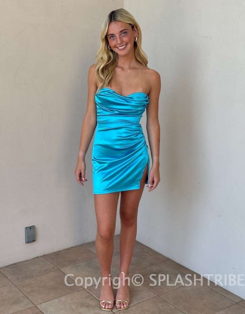 Lucy In The Sky Strapless Satin Ruched Slit Mini Dress