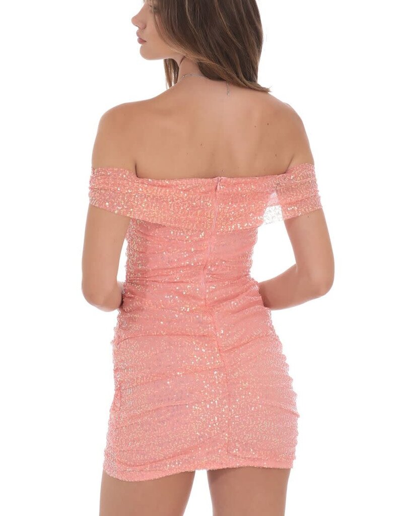 Lucy In The Sky Iridescent Sequin Off Shoulder Mini Dress
