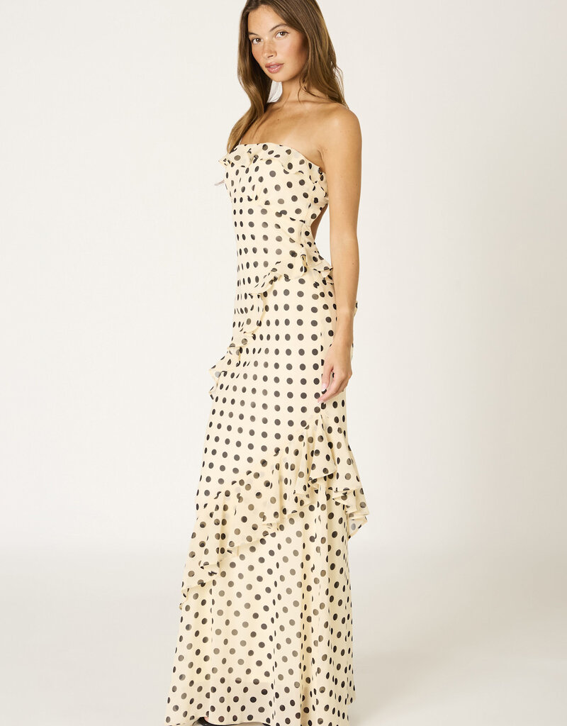Polka Dot Chiffon Ruffle Strapless Maxi Dress