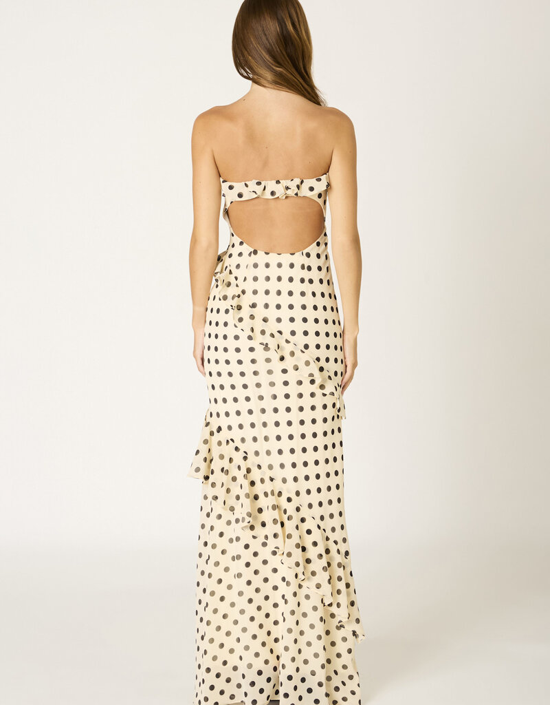 Polka Dot Chiffon Ruffle Strapless Maxi Dress