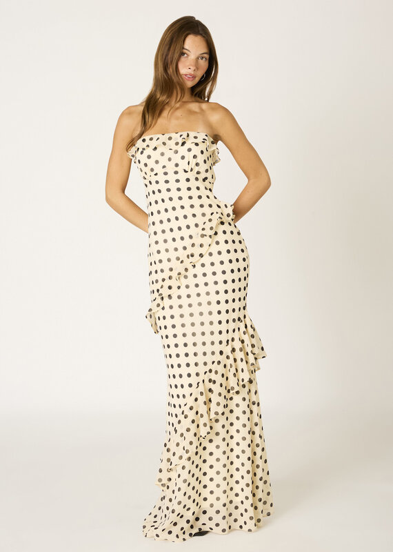Polka Dot Chiffon Ruffle Strapless Maxi Dress