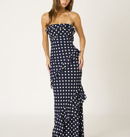 Polka Dot Chiffon Ruffle Strapless Maxi Dress