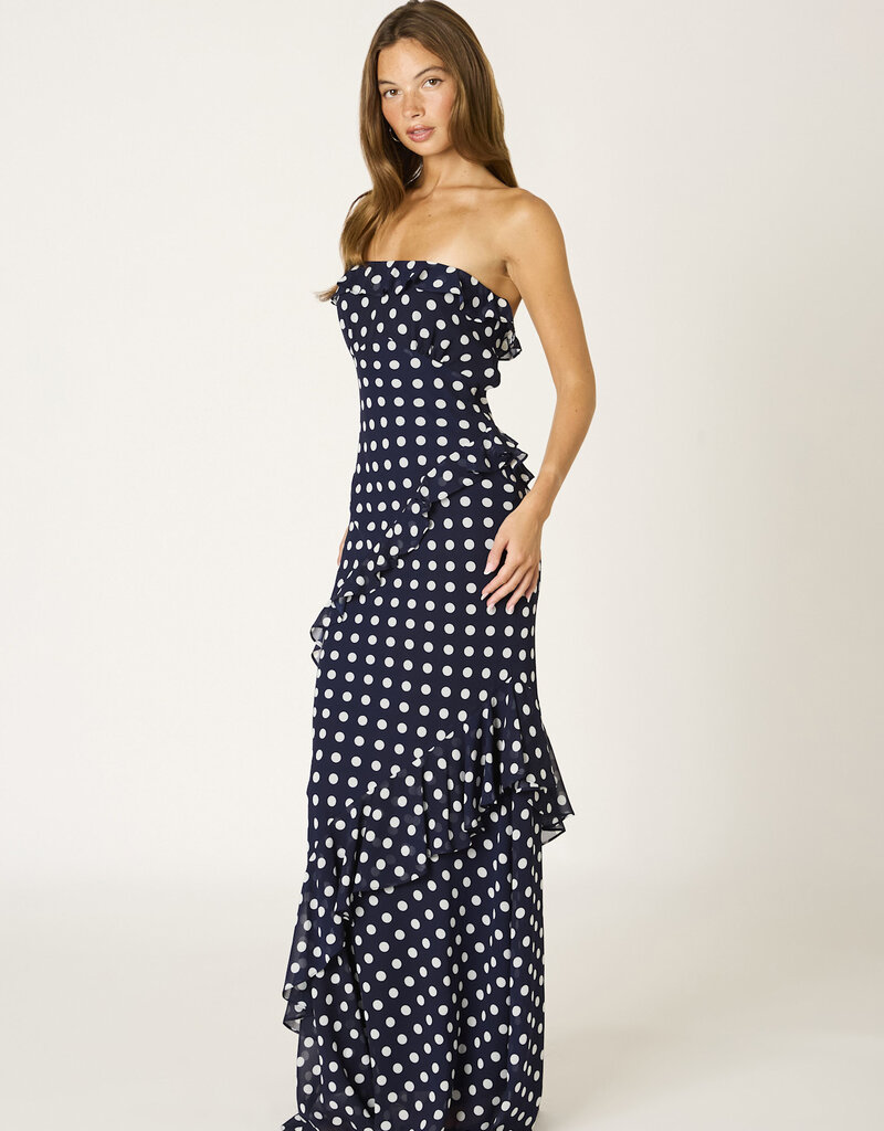 Polka Dot Chiffon Ruffle Strapless Maxi Dress