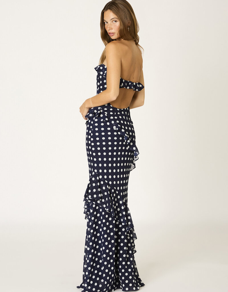 Polka Dot Chiffon Ruffle Strapless Maxi Dress