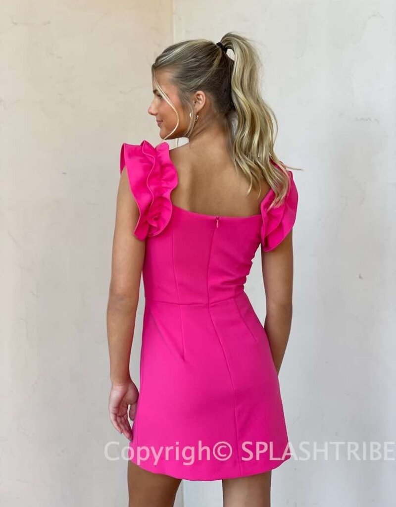 Whisper Sleeveless Ruffle Shoulder Dress