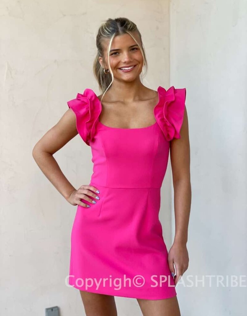 Whisper Sleeveless Ruffle Shoulder Dress