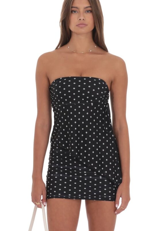 Lucy In The Sky Polka Dot Mesh Strapless Two Piece Mini Skirt Set