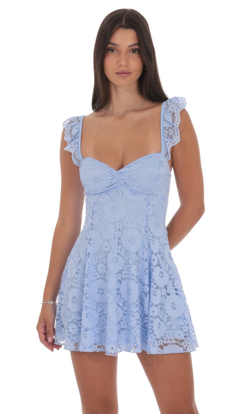 slim fit dress slacks ALINA PLEATED KNIT FIT AND FLARE MINI DRESS IN BLUE – AKIRA main image 0