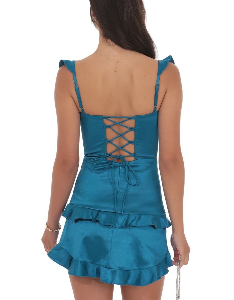 Lucy In The Sky Satin Ruffle Corset Mini Dress