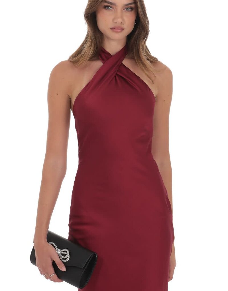 Lucy In The Sky Satin Cross Halter Maxi Dress