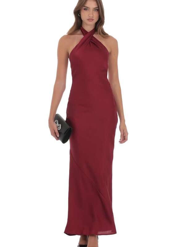 Lucy In The Sky Satin Cross Halter Maxi Dress