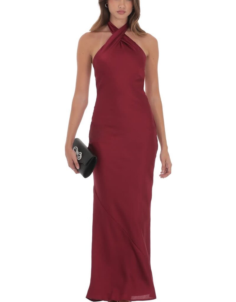 Lucy In The Sky Satin Cross Halter Maxi Dress