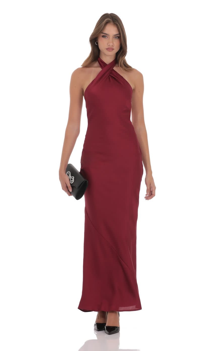 cross halter neck dress Stacees Stretch Satin Bridesmaid with High Slit with details that include a seamless finish Stylish Halter Maxi Dress for