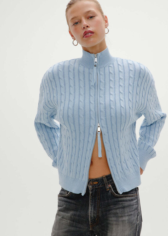 Frankies Bikinis Bea Cable Knit Zip Up Sweater