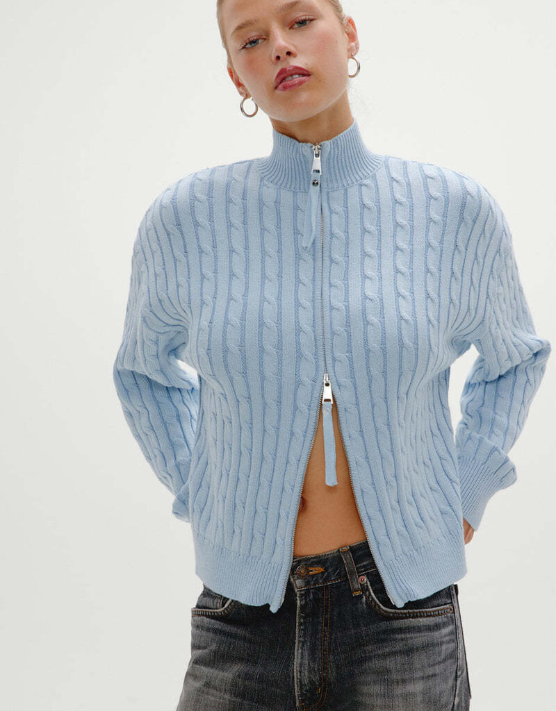 Frankies Bikinis Bea Cable Knit Zip Up Sweater