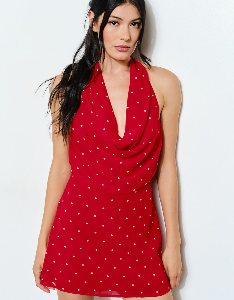 Erika Polka Dot Halter Cowl Neck Mini Dress