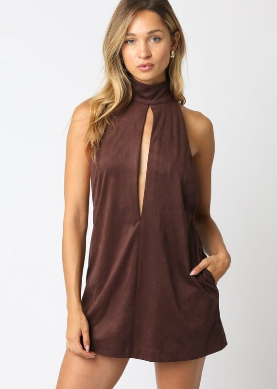 Faux Suede High Neck Sleeveless Mini Dress