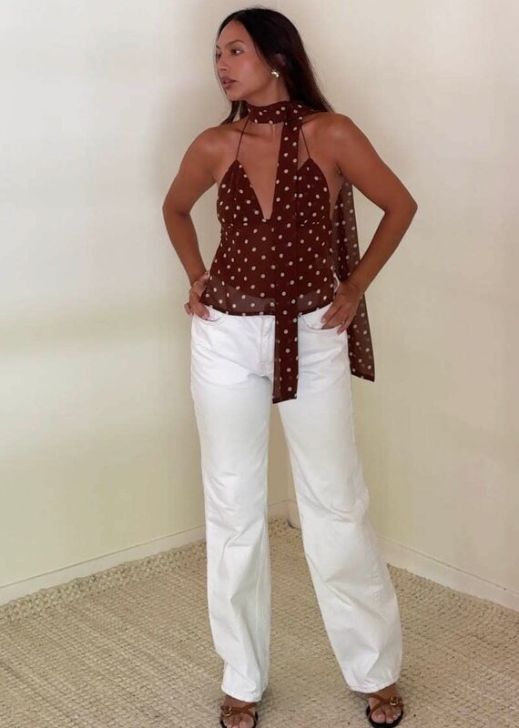 Chiffon Polka Dot Halter Top With Scarf