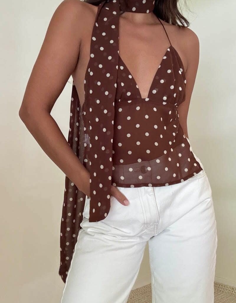 Chiffon Polka Dot Halter Top With Scarf