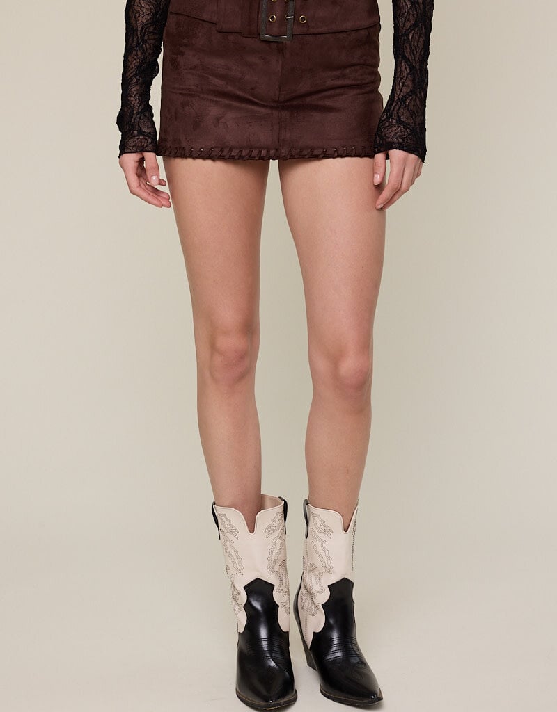 Faux Suede Belted Whipstitch Mini Skirt