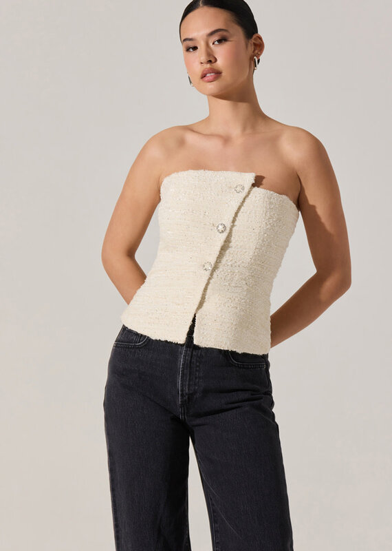 ASTR Moina Asymmetrical Strapless Tweed Top